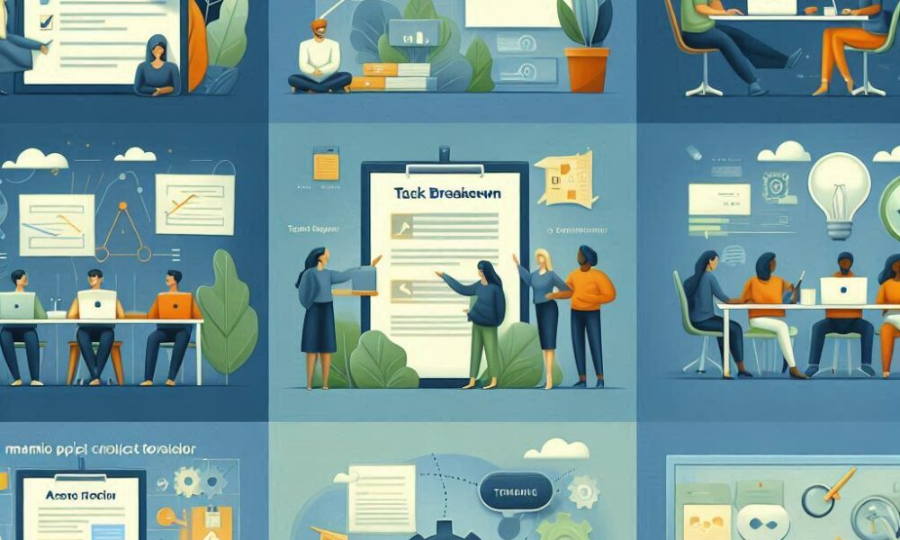 9 image collage showcasing team project contributions_ managing Teams folder, assignment submission, task breakdown, team communication, assignment review, coverpage creation