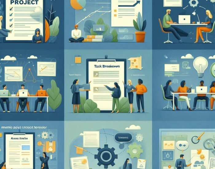 9 image collage showcasing team project contributions_ managing Teams folder, assignment submission, task breakdown, team communication, assignment review, coverpage creation